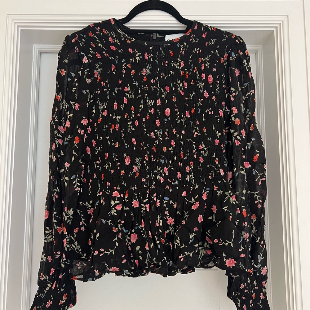 Ganni floral top with smocking.